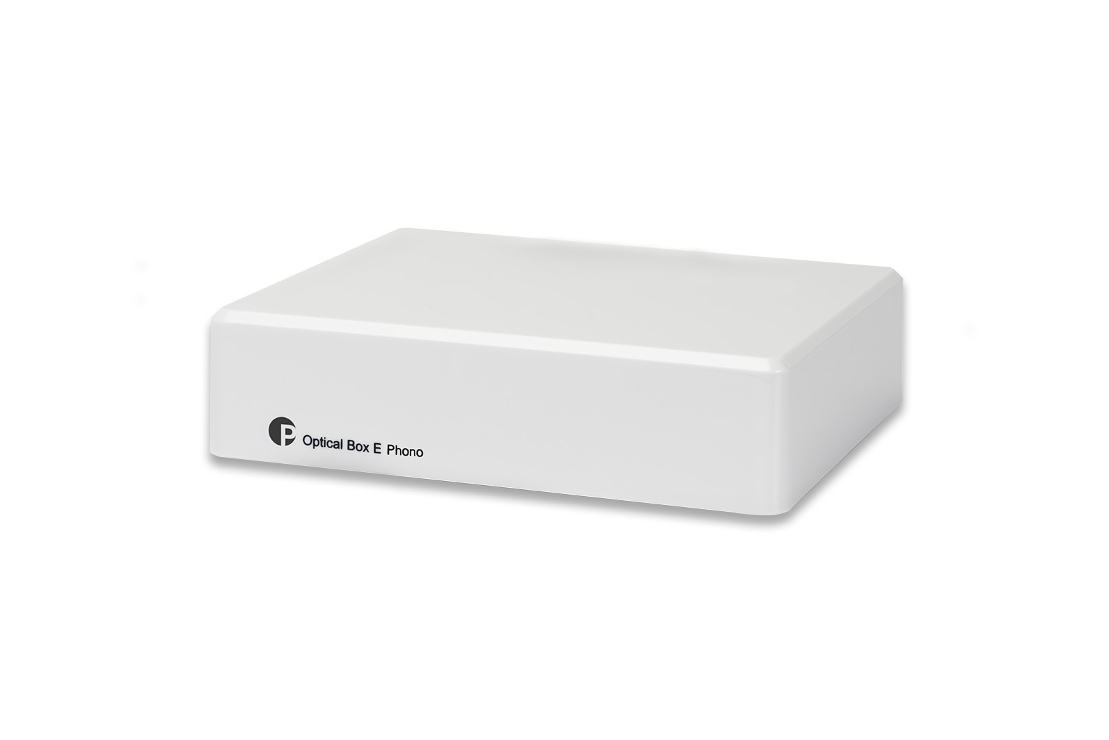 Pro-Ject Optical Box E Phono v černém lesklém provedení, šikmý pohled na čelní panel